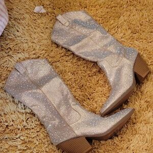 Elegant Silver Rhinestone Heeled Boots